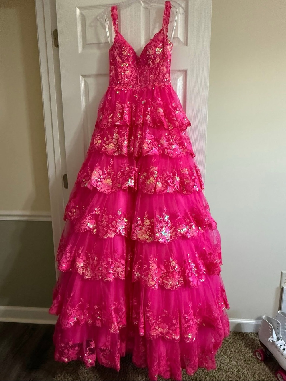 Hot Pink Tiered Sequin Floral Tulle Dress